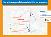 Mapa ilustrativo com a via interditada e as rotas para desvios