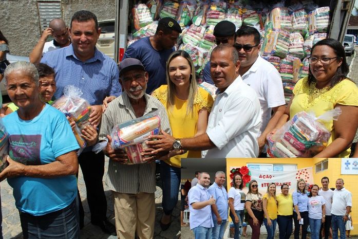 Um caminhão de cesta-básica e toda uma equipe envolvida na ação de serviços