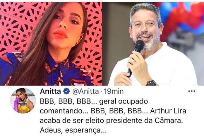 "Adeus, esperança", critica cantora Anitta após vitória de Arthur Lira na Câmara