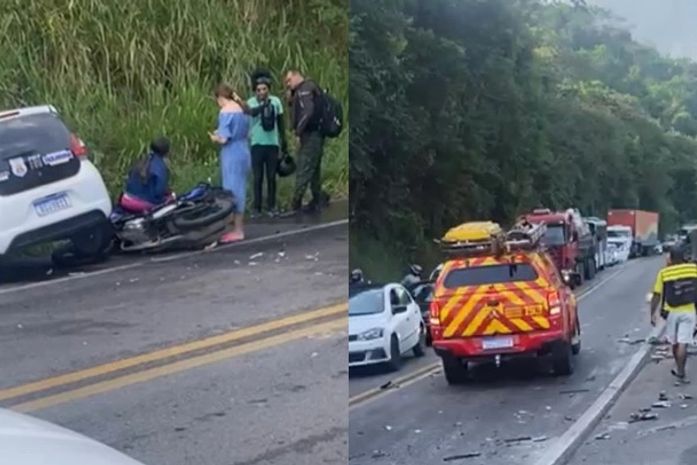 Acidente entre caminhão, carro e motocicleta deixa quatro feridos na BR-316, em Santa Luzia do Norte