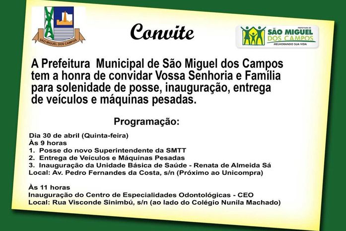 Inaugurações acontecem amanhã, 30 de abril, em São Miguel dos Campos