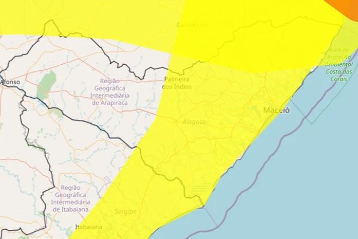 Inmet emite dois alertas de chuvas intensas e ventos fortes para municípios de Alagoas