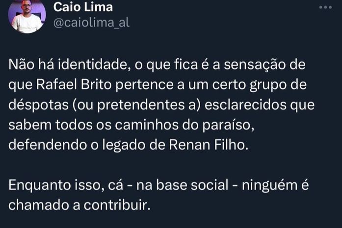 "Sensação que Rafael Brito pertence a grupo de déspotas", diz assessor de Teca Nelma, ao criticar 'oposição' a JHC