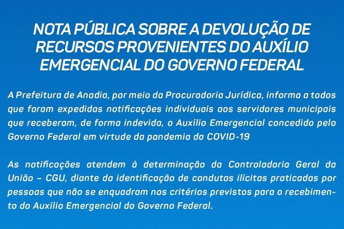 Prefeitura de Anadia emite nota referente ao pagamento do auxílio emergencial a servidores públicos