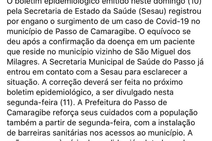 Prefeitura de Passo de Camaragibe nega aparecimento de primeiro caso de Covid-19