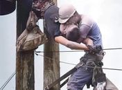 Dois homens no alto de um poste.Um lutando para sobreviver e outro se recusando a deixá-lo morrer