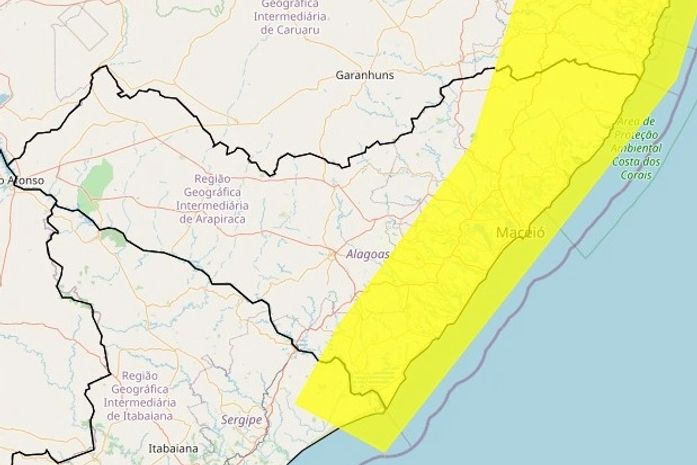 Inmet emite alerta amarelo de acumulado de chuvas para Maceió e 47 cidades de AL