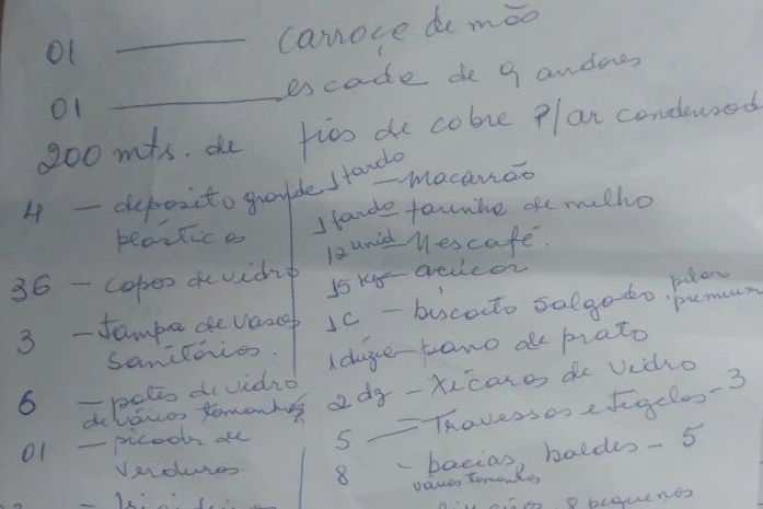 Relação de materiais furtados