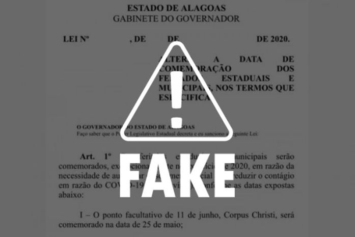 Imagem de Projeto de Lei com antecipação de feriados em Alagoas é falsa