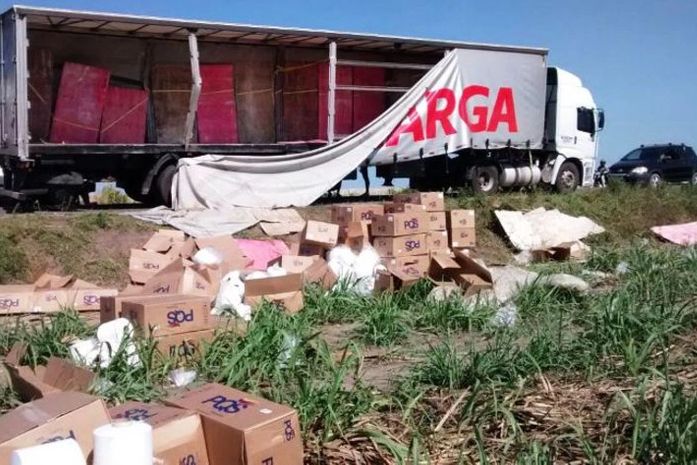 Carga ficou espalhada pelo acostamento e canavial as margens da rodovia (Foto: Alagoasweb/Adailton Lima)