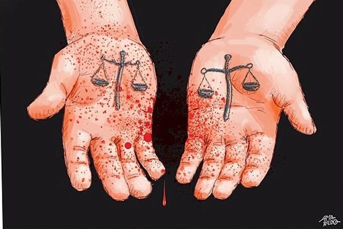 Charge do cartunista Amarildo, representando o termo 'Justiça com as próprias mãos'