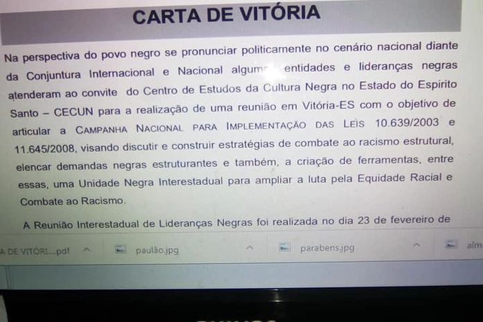 Lideranças Negras lançam "Carta de Vitória". Instituto Raízes de Áfricas representou Alagoas.