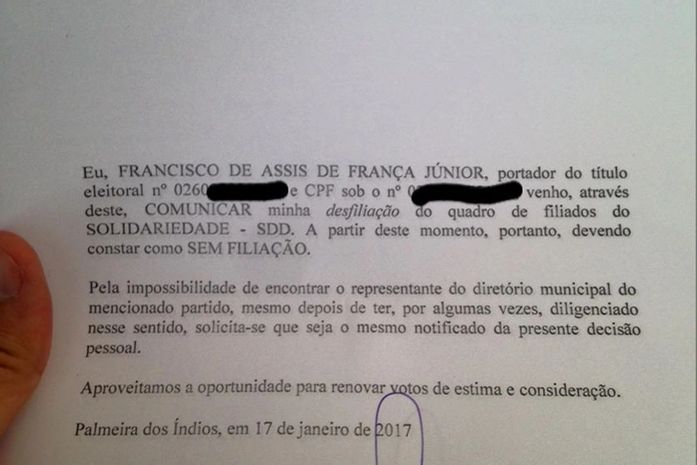 carta renúncia do ex-vereador França Junior
