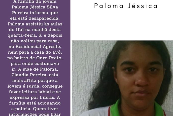 Paloma Jéssica está desaparecida desde quarta-feira (6)