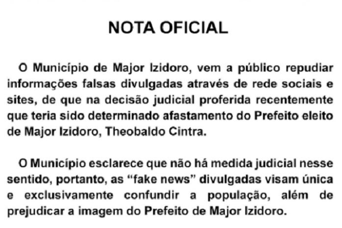 Major Izidoro emite nota oficial