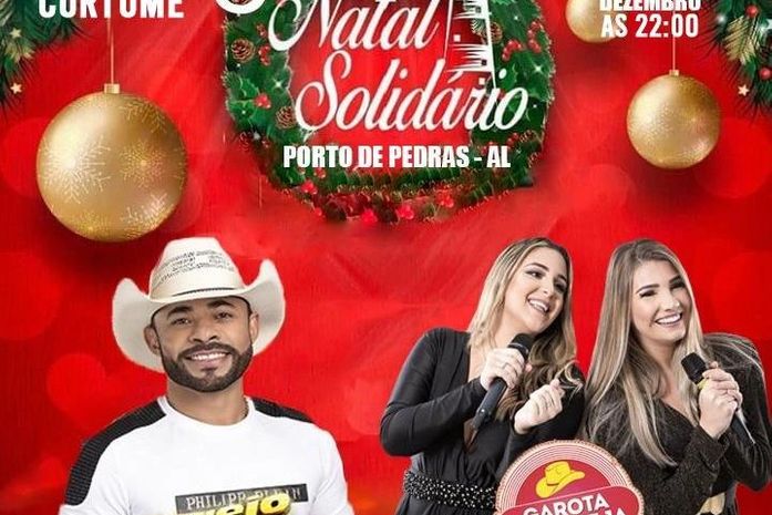 Cartaz da festa destacando as atrações musicais: Arreio de Ouro e banda Garota Sertaneja.
