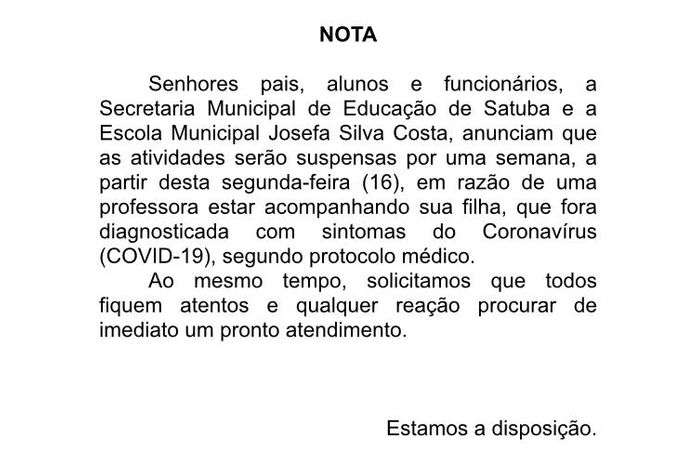 Coronavírus: aulas de escola em Satuba são suspensas após filha de professora apresentar sintomas