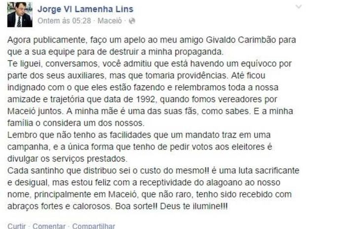 Postagem de Jorge VI para Givaldo Carimbão
