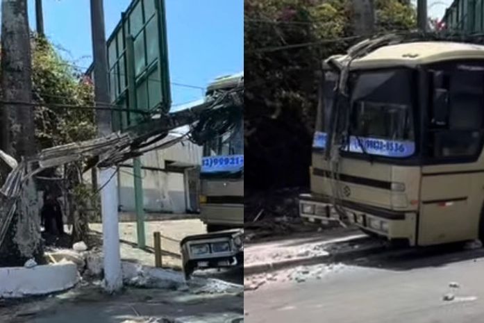 Motorista de ônibus perde controle e colide com poste no Feitosa