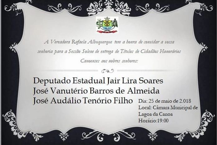 Deputado Jairzinho Lira receberá titulo em Lagoa Da Canoa
