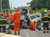 Colisão entre veículos de passeio, na AL-101 Norte, deixa vítima presa às ferragens