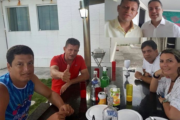 Madeira (camisa vermelha) com a vice Isabela, esposo Cuca e o vereador Júnior; e no destaque com o governador Renan Filho