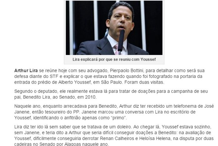 Nota da Coluna Radar que fala da defesa de Arthur Lira no petrolão