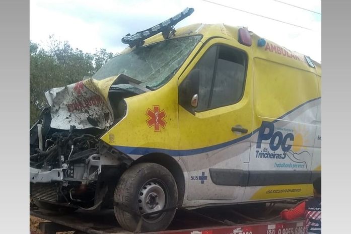 Ambulância cai em ribanceira após colisão com animais soltos na BR 316