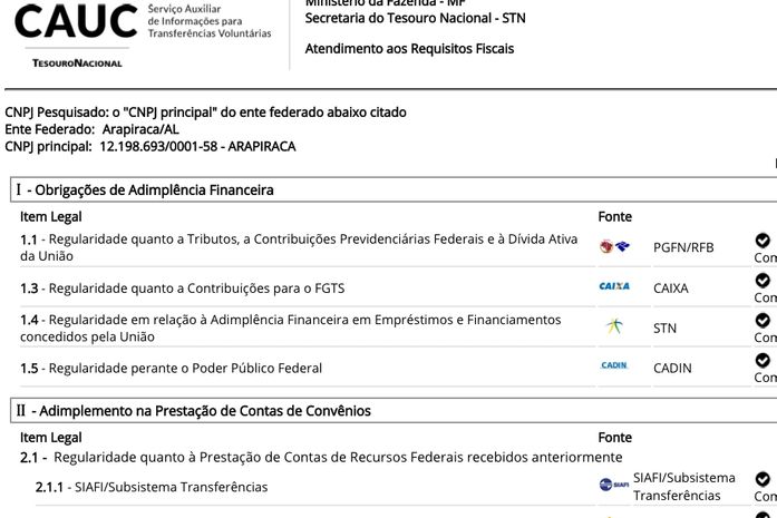 Na lista do Cauc Arapiraca está impedida de receber recursos federais