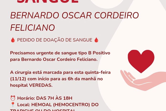 Família pede doações urgentes de sangue para criança que passará por cirurgia