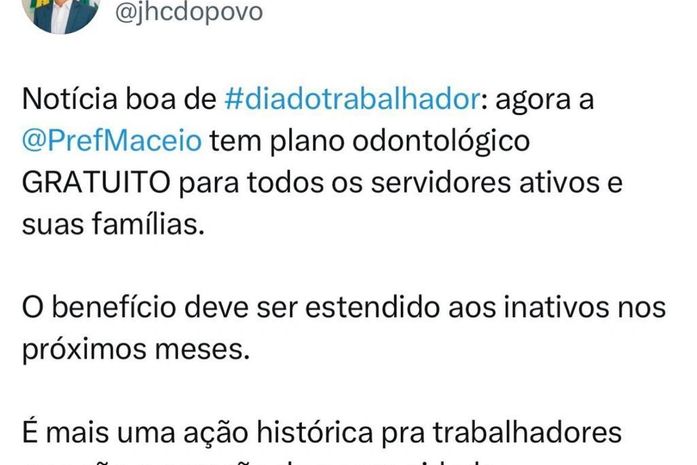 No Dia do Trabalhador, JHC anuncia plano odontológico gratuito para servidores públicos municipais
