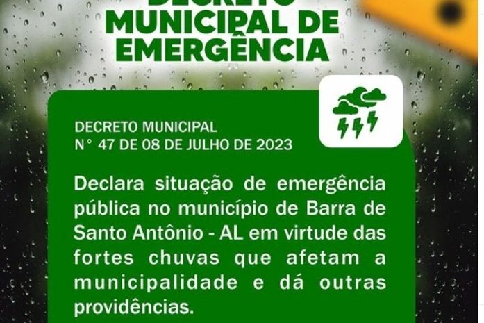 Prefeitura da Barra de Santo Antônio decreta estado de emergência após intensas chuvas causarem estragos no município