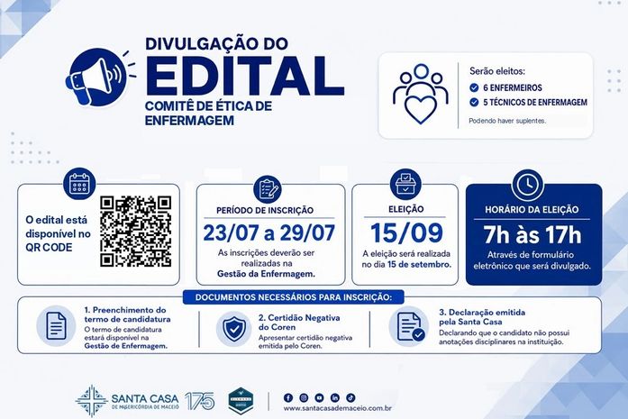 Santa Casa de Maceió abre inscrições para eleição da Comissão de Ética de Enfermagem