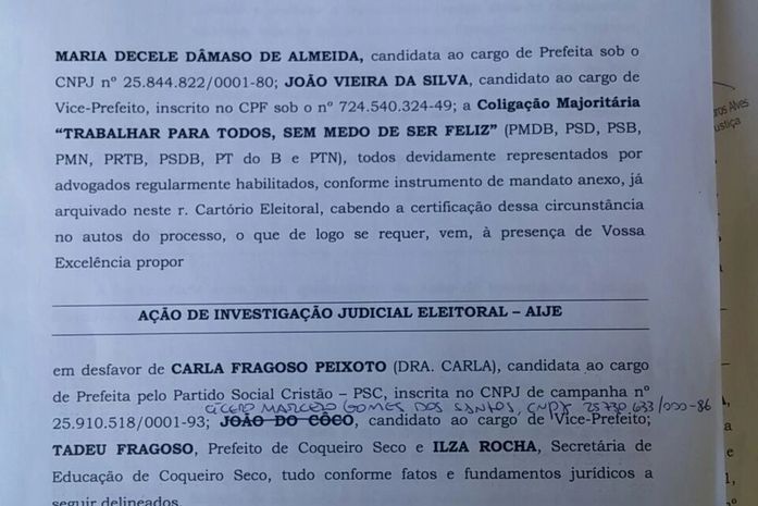 Ação de Investigação Judicial eleitoral (AIJE) contra Tadeu Fragoso (PTB)