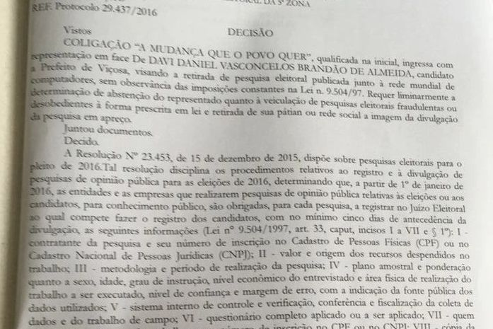 A decisão pela liminar foi concedida pela juíza eleitoral de Viçosa, Lorena Carla Vasconcelos Sotto-Mayo