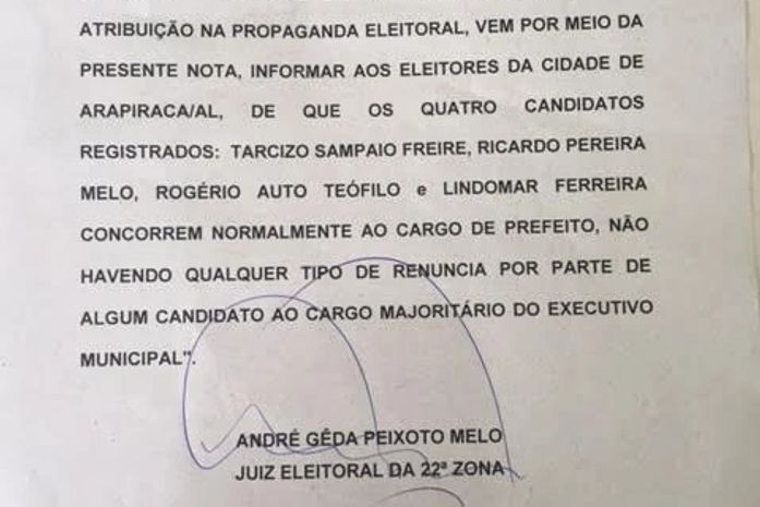 Justiça Eleitoral emite nota esclarecendo que não houve renuncia de nenhum dos candidatos majoritários em Arapiraca
