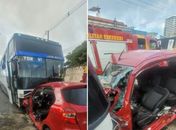 Mulher fica presa às ferragens após carro colidir com ônibus no Pinheiro