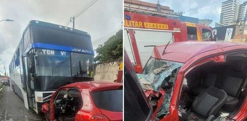 Mulher fica presa às ferragens após carro colidir com ônibus no Pinheiro