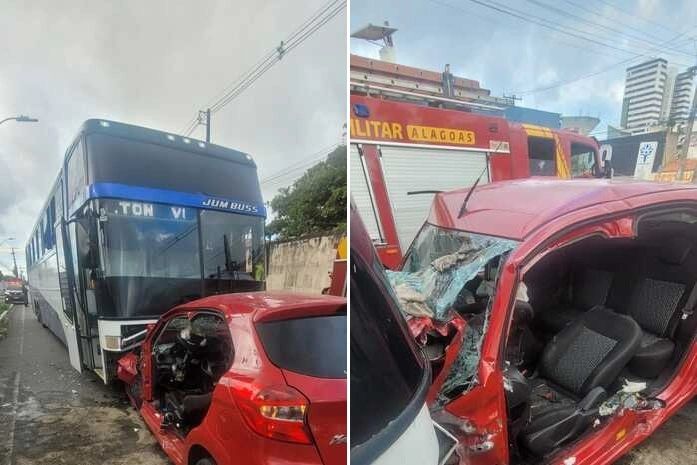 Mulher fica presa às ferragens após carro colidir com ônibus no Pinheiro