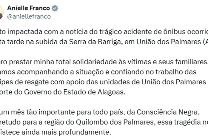 Anielle Franco manifesta solidariedade as vítimas após acidente na Serra da Barriga