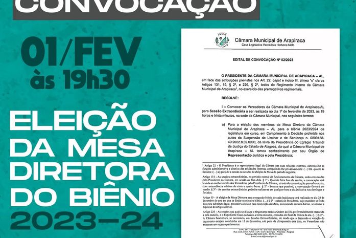 Câmara de Arapiraca publica edital para eleição da Mesa Diretora do biênio 2023-24