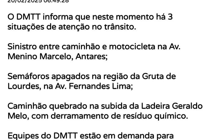 Trânsito de Maceió: DMTT registra acidente, semáforo apagado e derramamento de fertilizante