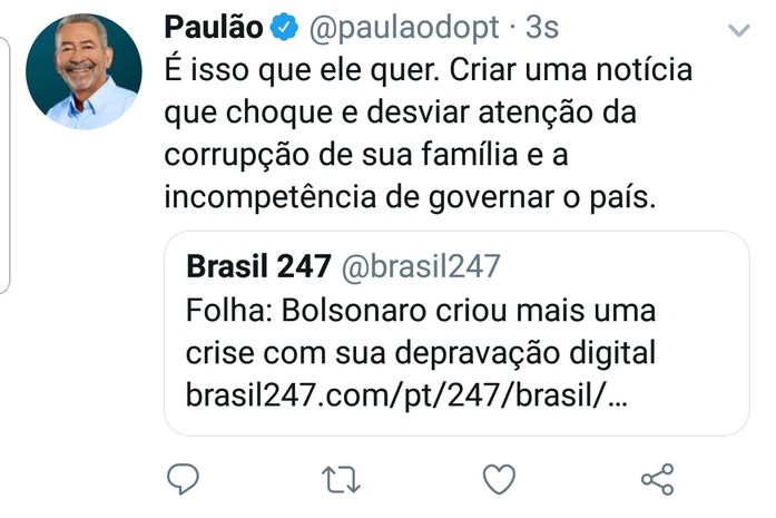 “Ele quer desviar a atenção da corrupção de sua família”, diz Paulão sobre publicação polêmica de Bolsonaro