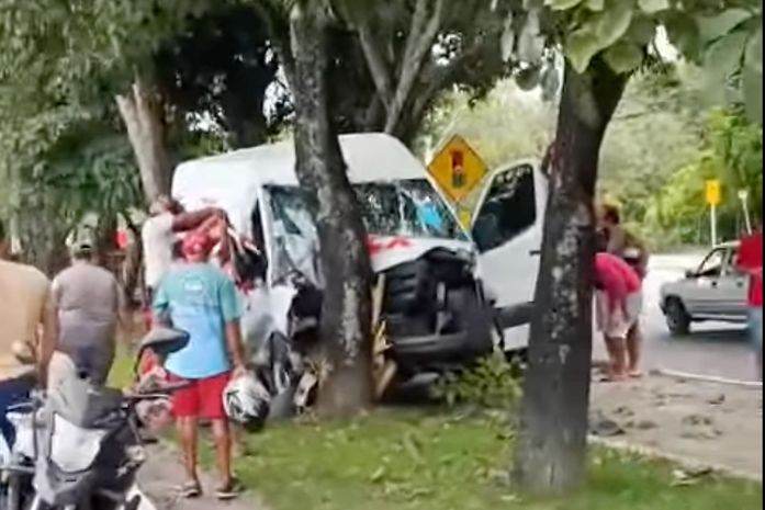 Van desgovernada sobe canteiro e colide com árvore na Avenida Durval de Goés Monteiro