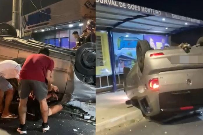 Motorista sai ileso após carro capotar na Av. Durval de Góes Monteiro, em Maceió
