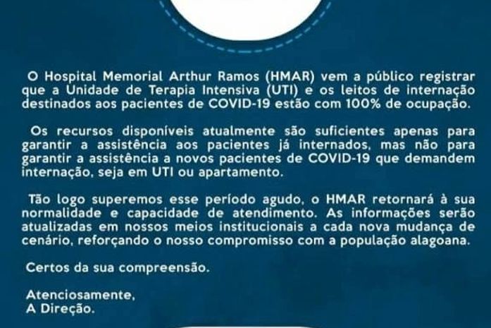 UTI para Covid-19 do Hospital Arthur Ramos atinge ocupação máxima