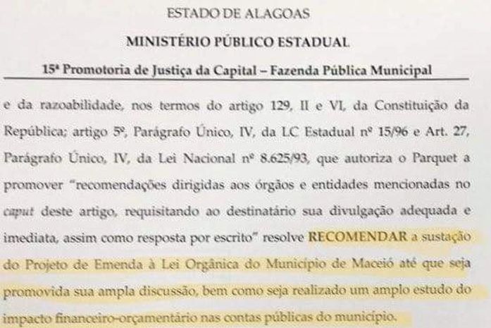 MP recomenda sustar projeto que visa aumentar número de vereadores em Maceió
