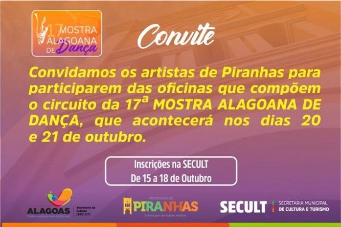 Prefeitura de Piranhas abre inscrições para oficinas que compõem a 17º Mostra Alagoana de Dança
