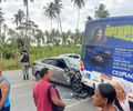 Acidente entre ônibus, carro e moto deixa motociclista ferido na AL-101 Norte, em Ipioca
