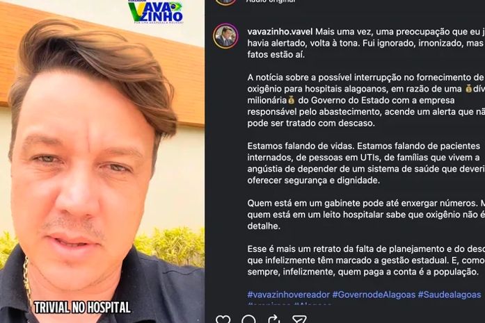Vereador Vavazinho faz dura cobrança ao Governo do Estado após Justiça autorizar interrupção no fornecimento de oxigênio hospitalar